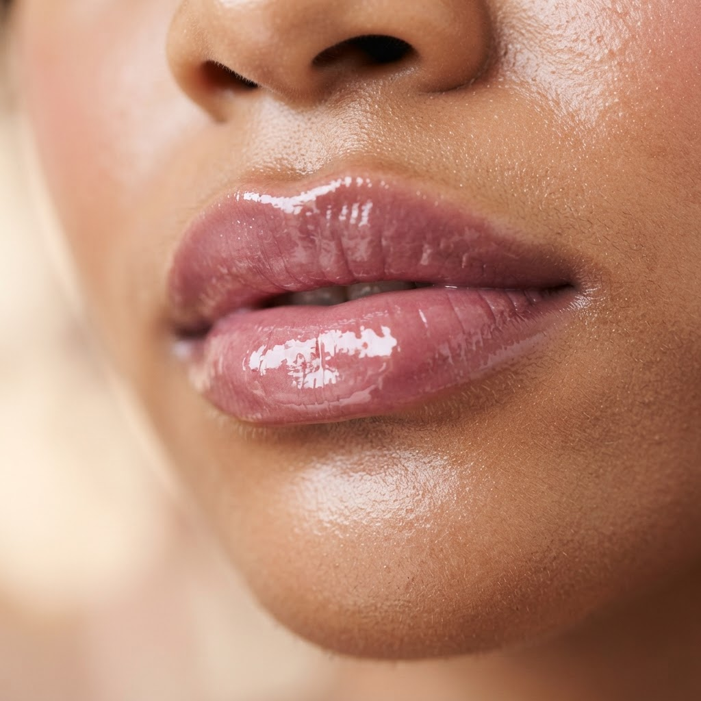 Editorial close-up of glossy lips with a high-shine mauve-pink finish