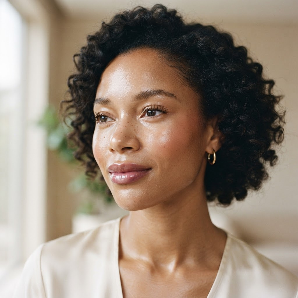 Editorial close-up of a model with glowing skin and softly tinted lips